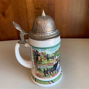 Original German BMF Bierseidel White Milk Glass Pewter Lidded Stein